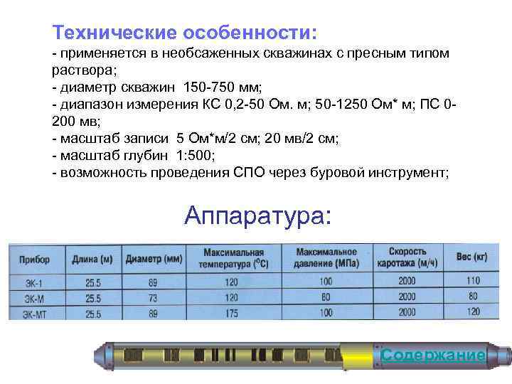 Технические особенности: применяется в необсаженных скважинах с пресным типом раствора; диаметр скважин 150 750