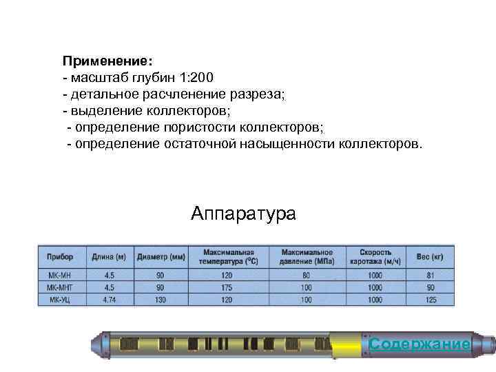 Применение: масштаб глубин 1: 200 детальное расчленение разреза; выделение коллекторов; определение пористости коллекторов; определение