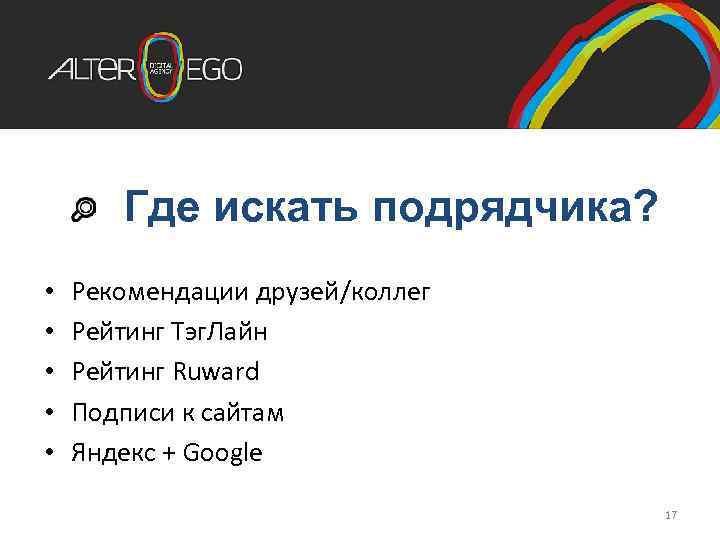 Где искать подрядчика? • • • Рекомендации друзей/коллег Рейтинг Тэг. Лайн Рейтинг Ruward Подписи