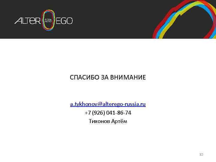 СПАСИБО ЗА ВНИМАНИЕ a. tykhonov@alterego-russia. ru +7 (926) 041 -86 -74 Тихонов Артём 32