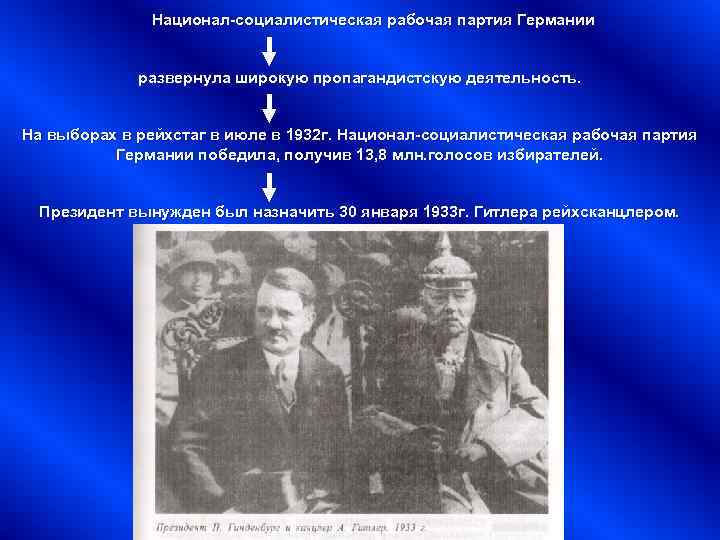 Национал-социалистическая рабочая партия Германии развернула широкую пропагандистскую деятельность. На выборах в рейхстаг в июле