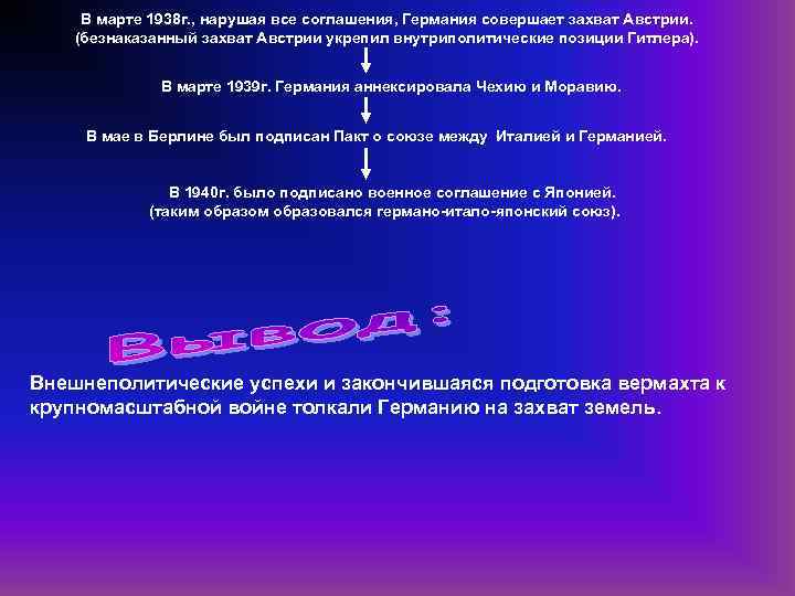 В марте 1938 г. , нарушая все соглашения, Германия совершает захват Австрии. (безнаказанный захват