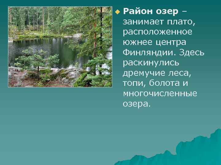 u Район озер – занимает плато, расположенное южнее центра Финляндии. Здесь раскинулись дремучие леса,