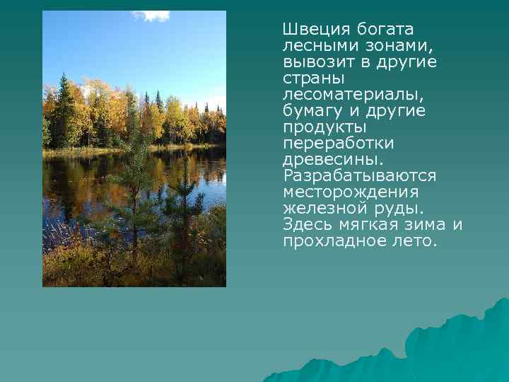  Швеция богата лесными зонами, вывозит в другие страны лесоматериалы, бумагу и другие продукты