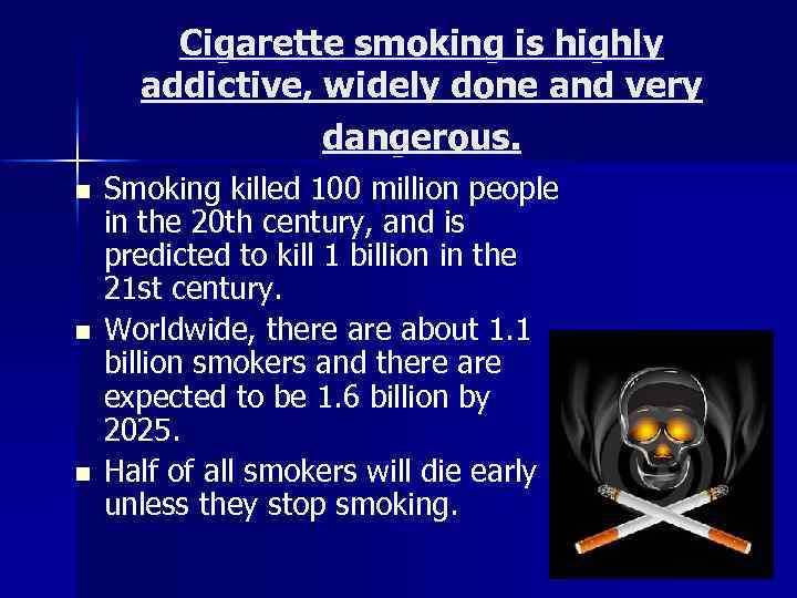 Cigarette smoking is highly addictive, widely done and very dangerous. n n n Smoking