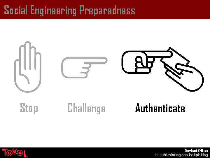 Social Engineering Preparedness Stop Challenge Authenticate Deviant Ollam http: // deviating. net / lockpicking
