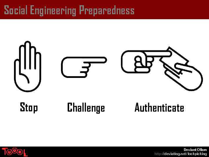 Social Engineering Preparedness Stop Challenge Authenticate Deviant Ollam http: // deviating. net / lockpicking