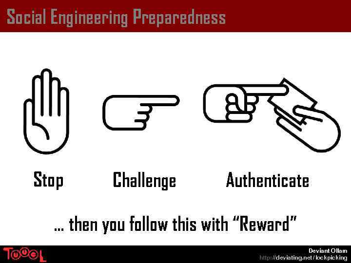 Social Engineering Preparedness Stop Challenge Authenticate … then you follow this with “Reward” Deviant