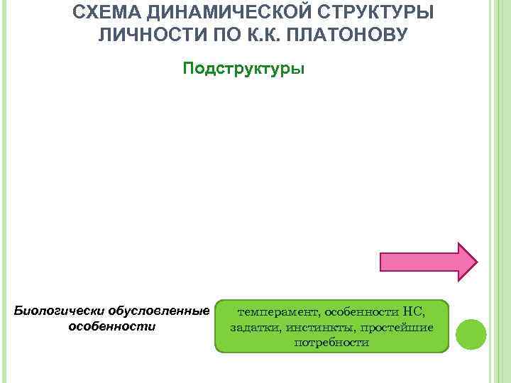 СХЕМА ДИНАМИЧЕСКОЙ СТРУКТУРЫ ЛИЧНОСТИ ПО К. К. ПЛАТОНОВУ Подструктуры Биологически обусловленные особенности темперамент, особенности