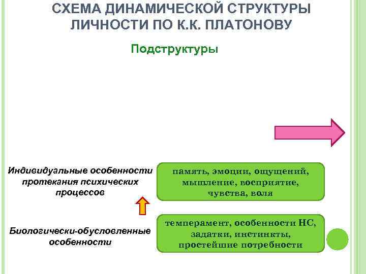 СХЕМА ДИНАМИЧЕСКОЙ СТРУКТУРЫ ЛИЧНОСТИ ПО К. К. ПЛАТОНОВУ Подструктуры Индивидуальные особенности протекания психических процессов