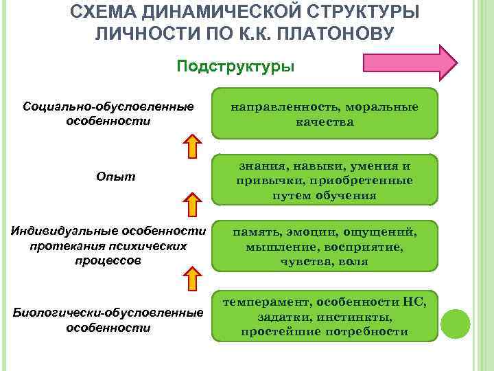 СХЕМА ДИНАМИЧЕСКОЙ СТРУКТУРЫ ЛИЧНОСТИ ПО К. К. ПЛАТОНОВУ Подструктуры Социально-обусловленные особенности Опыт направленность, моральные