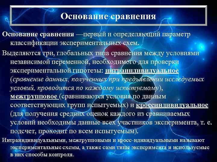 Основание сравнения —первый и определяющий параметр классификации экспериментальных схем. Выделяются три, глобальных типа сравнения