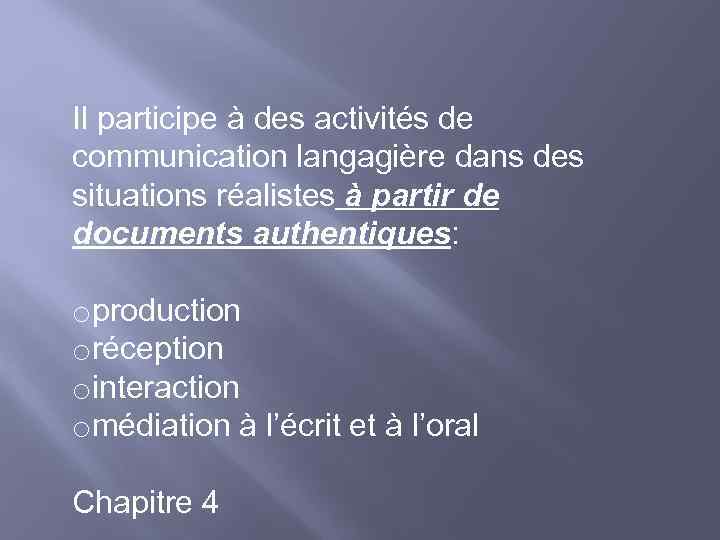 Il participe à des activités de communication langagière dans des situations réalistes à partir