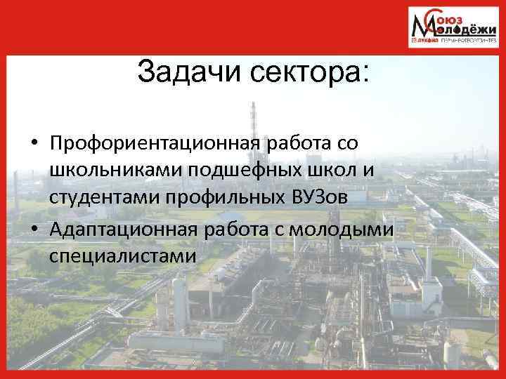 Задачи сектора: • Профориентационная работа со школьниками подшефных школ и студентами профильных ВУЗов •