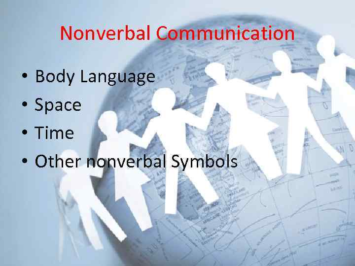 Nonverbal Communication • • Body Language Space Time Other nonverbal Symbols 