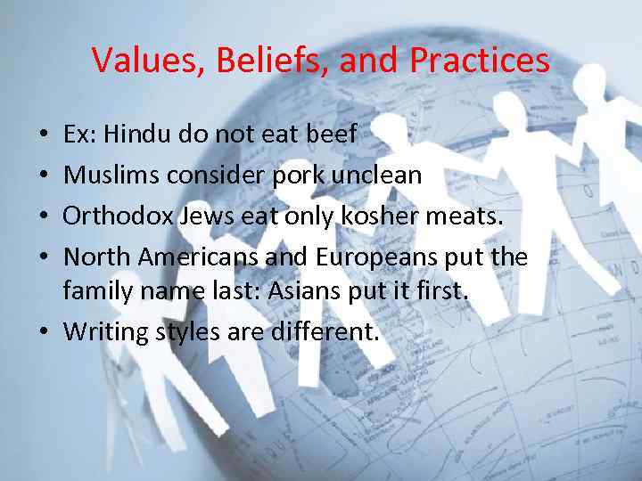 Values, Beliefs, and Practices Ex: Hindu do not eat beef Muslims consider pork unclean