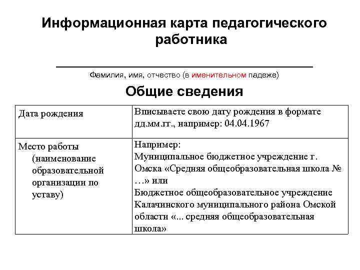 Информационная карта педагогического работника _________________ Фамилия, имя, отчество (в именительном падеже) Общие сведения Дата