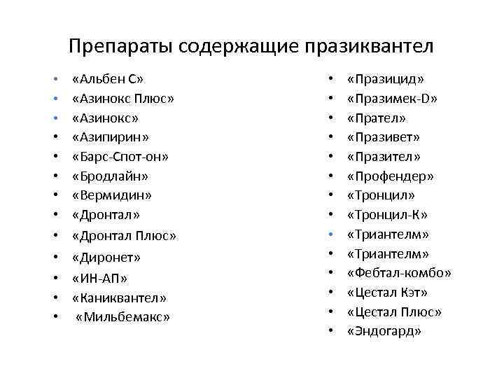 Препараты содержащие празиквантел • • • • «Альбен С» «Азинокс Плюс» «Азинокс» «Азипирин» «Барс-Спот-он»