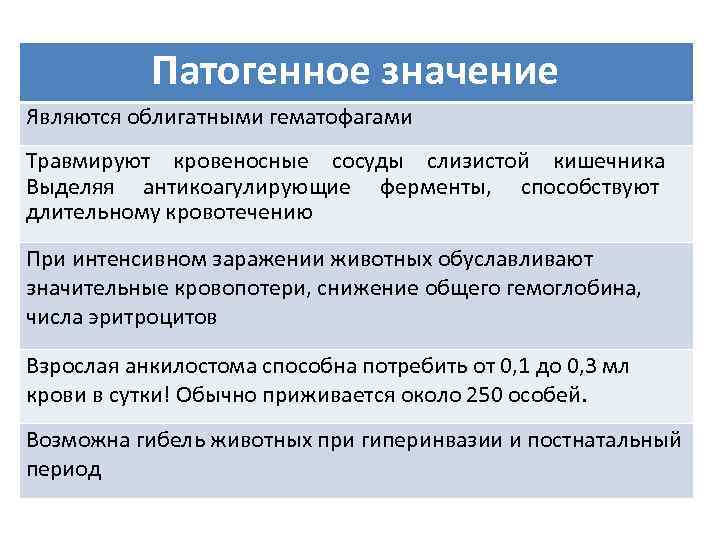 Патогенное значение Являются облигатными гематофагами Травмируют кровеносные сосуды слизистой кишечника Выделяя антикоагулирующие ферменты, способствуют