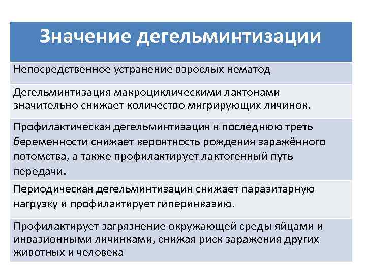 Значение дегельминтизации Непосредственное устранение взрослых нематод Дегельминтизация макроциклическими лактонами значительно снижает количество мигрирующих личинок.