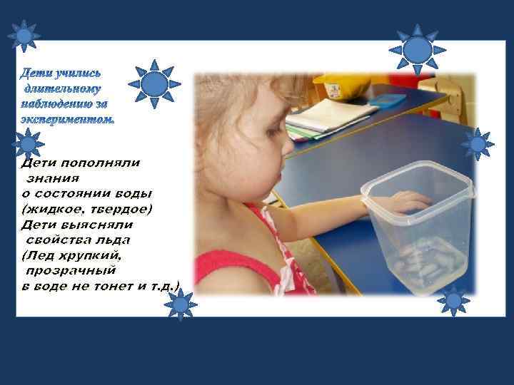 Дети пополняли знания о состоянии воды (жидкое, твердое) Дети выясняли свойства льда (Лед хрупкий,
