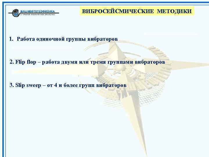 ВИБРОСЕЙСМИЧЕСКИЕ МЕТОДИКИ 1. Работа одиночной группы вибраторов 2. Flip flop – работа двумя или