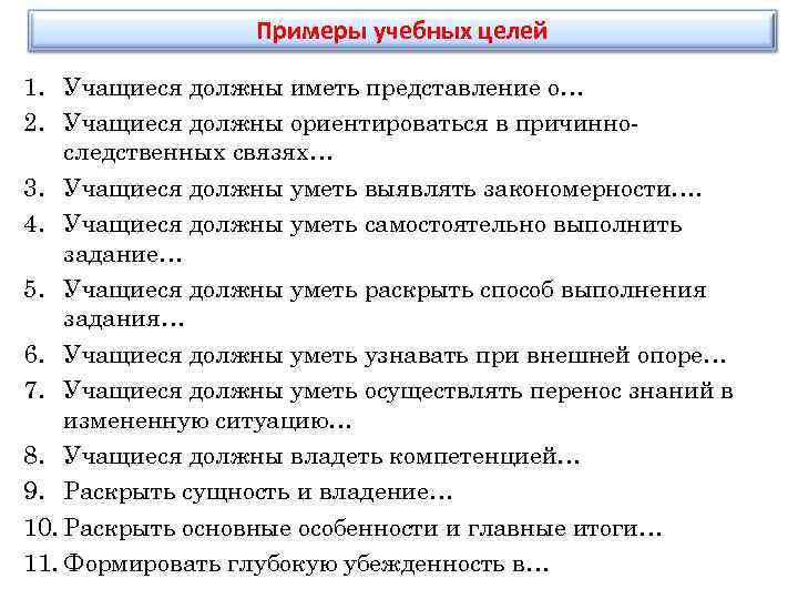 Примеры учебных целей 1. Учащиеся должны иметь представление о… 2. Учащиеся должны ориентироваться в