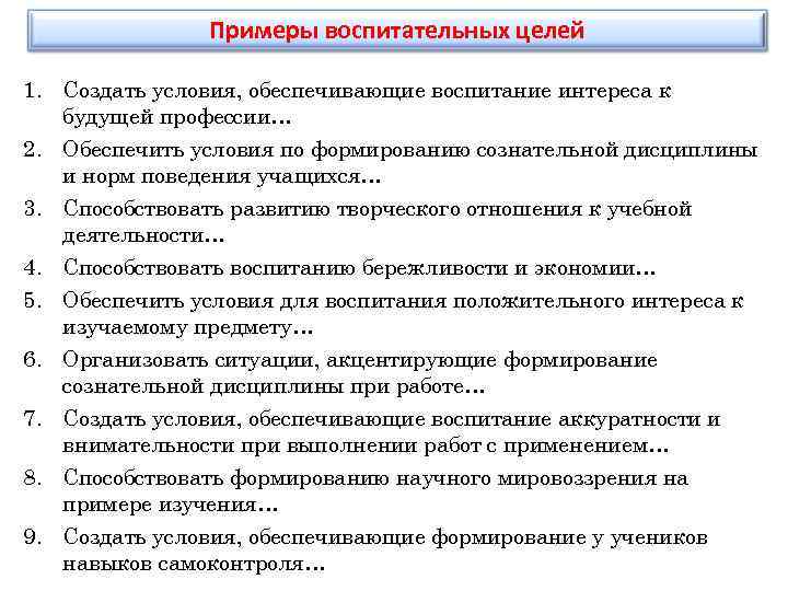 Примеры воспитательных целей 1. Создать условия, обеспечивающие воспитание интереса к будущей профессии… 2. Обеспечить