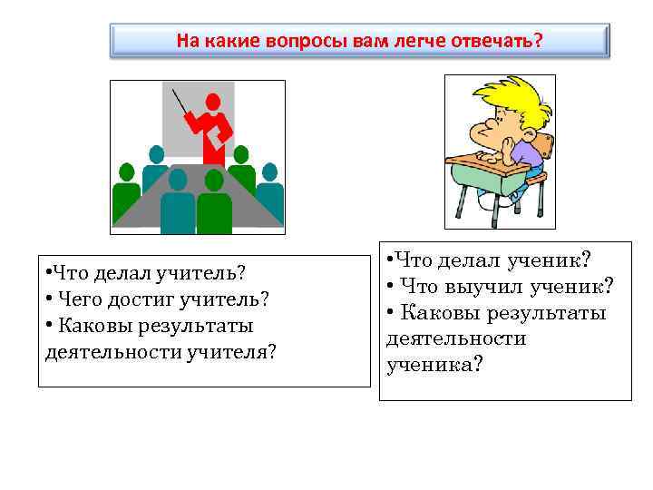 На какие вопросы вам легче отвечать? • Что делал учитель? • Чего достиг учитель?