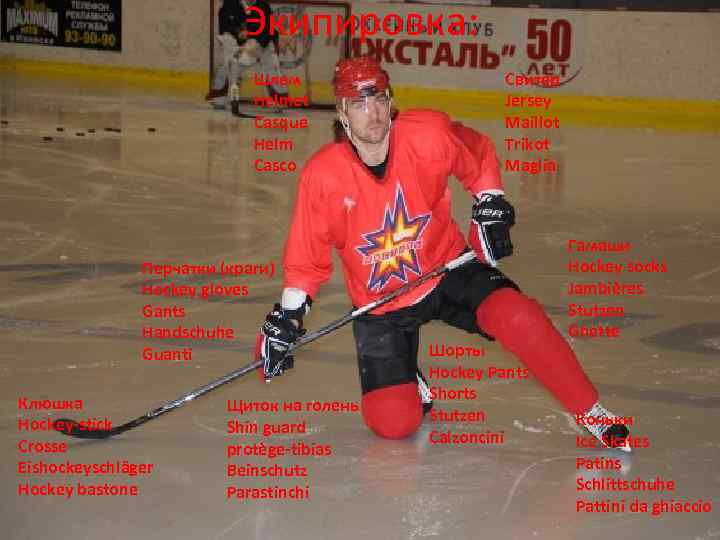 Экипировка: Шлем Helmet Casque Helm Casco Перчатки (краги) Hockey gloves Gants Handschuhe Guanti Клюшка