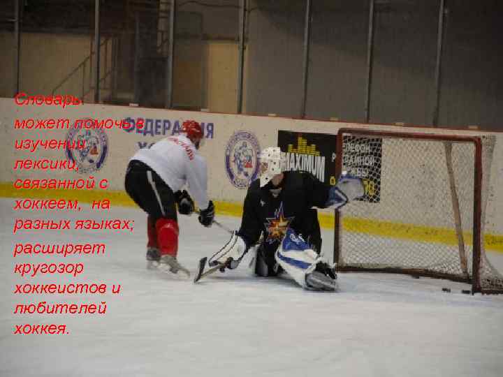 Словарь: • может помочь в изучении лексики, связанной с хоккеем, на разных языках; •