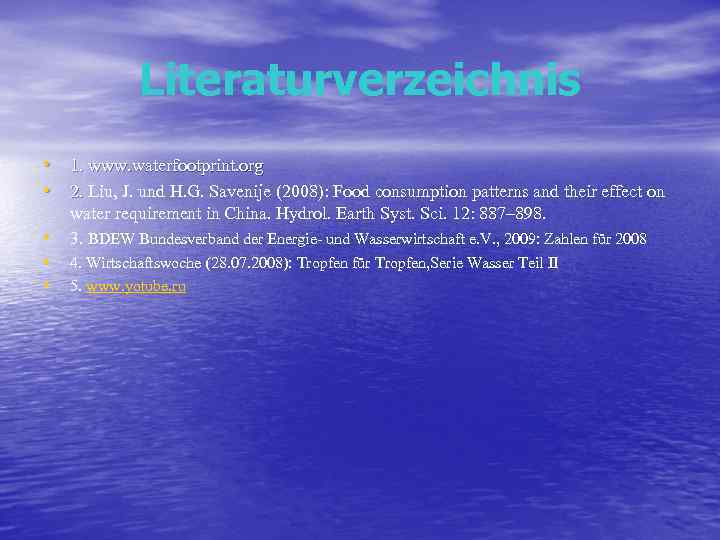 Literaturverzeichnis • 1. www. waterfootprint. org • 2. Liu, J. und H. G. Savenije