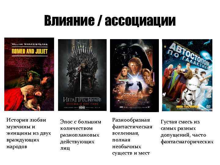 Влияние / ассоциации История любви мужчины и женщины из двух враждующих народов Эпос с