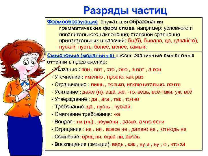 Разряды частиц Формообразующие служат для образования грамматических форм слова, например: условного и повелительного наклонения;