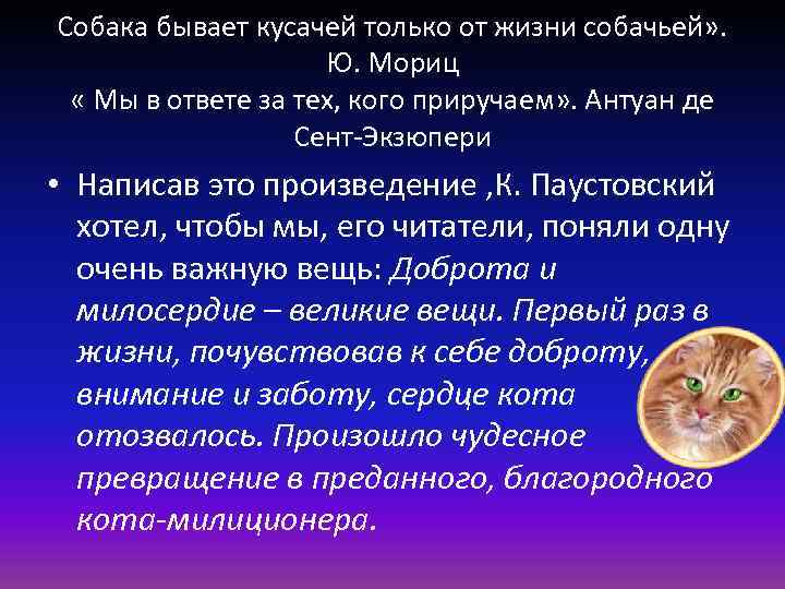 Собака бывает кусачей только от жизни собачьей» . Ю. Мориц « Мы в ответе