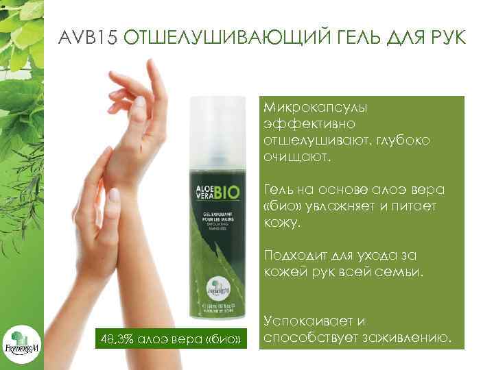 AVB 15 ОТШЕЛУШИВАЮЩИЙ ГЕЛЬ ДЛЯ РУК Микрокапсулы эффективно отшелушивают, глубоко очищают. Гель на основе