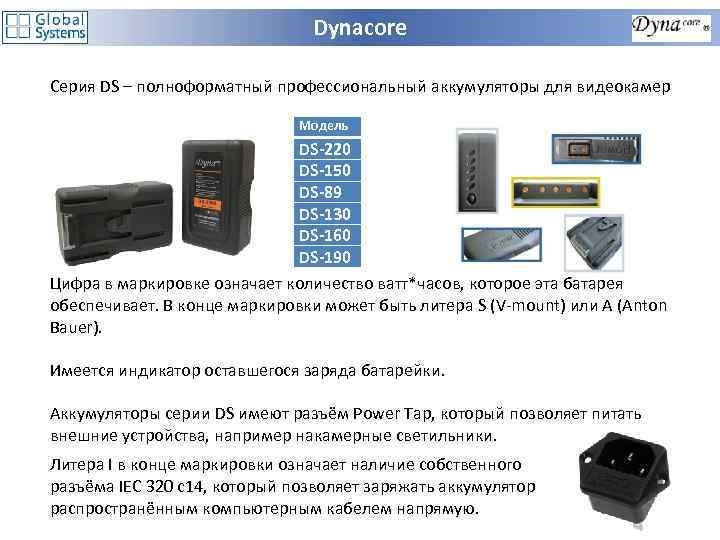 Dynacore Серия DS – полноформатный профессиональный аккумуляторы для видеокамер Модель DS-220 DS-150 DS-89 DS-130