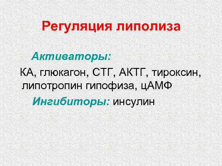 Регуляция липолиза Активаторы: КА, глюкагон, СТГ, АКТГ, тироксин, липотропин гипофиза, ц. АМФ Ингибиторы: инсулин