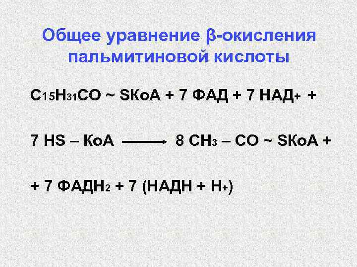 Общее уравнение β-окисления пальмитиновой кислоты С 15 Н 31 СО ~ SКо. А +