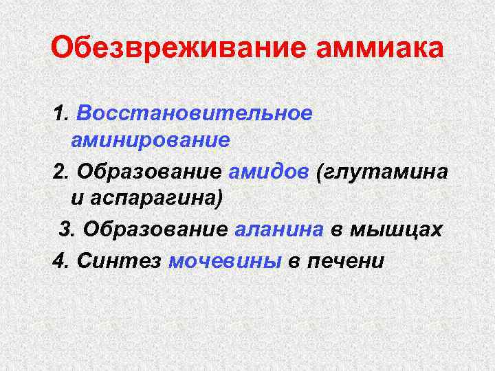 Обезвреживание аммиака 1. Восстановительное аминирование 2. Образование амидов (глутамина и аспарагина) 3. Образование аланина