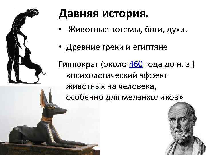 Давняя история. • Животные-тотемы, боги, духи. • Древние греки и египтяне Гиппократ (около 460