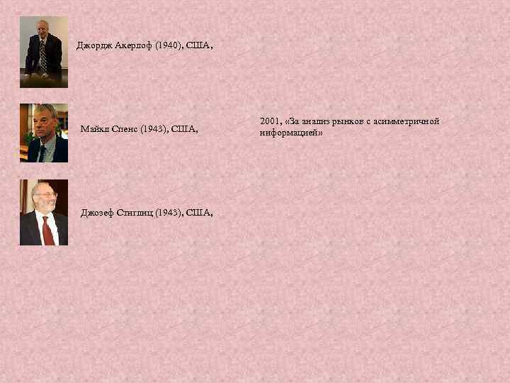 Джордж Акерлоф (1940), США, Майкл Спенс (1943), США, Джозеф Стиглиц (1943), США, 2001, «За