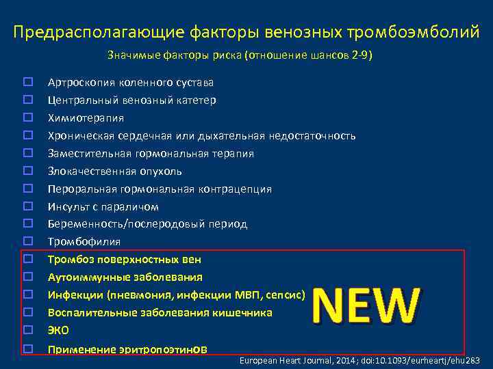 Предрасполагающие факторы венозных тромбоэмболий Значимые факторы риска (отношение шансов 2 -9) o o o