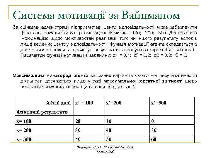 Система мотивації за Вайцманом За оцінками адміністрації підприємства, центр відповідальності може забезпечити фінансові результати