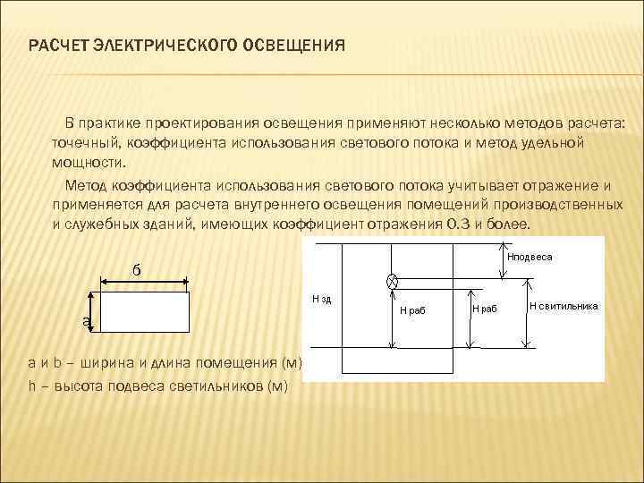 РАСЧЕТ ЭЛЕКТРИЧЕСКОГО ОСВЕЩЕНИЯ В практике проектирования освещения применяют несколько методов расчета: точечный, коэффициента использования