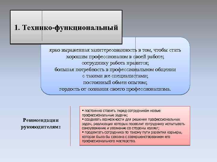 1. Технико-функциональный ярко выраженная заинтересованность в том, чтобы стать хорошим профессионалом в своей работе;