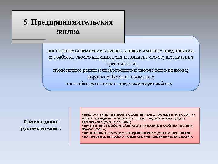 5. Предпринимательская жилка постоянное стремление создавать новые деловые предприятия; разработка своего видения дела и