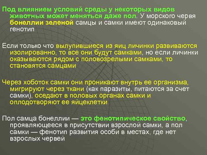 Под влиянием условий среды у некоторых видов животных может меняться даже пол. У морского