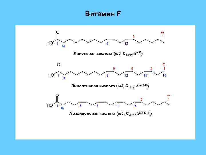 Витамин F Линолевая кислота (ω6, С 18: 2, Δ 9, 12) Линоленовая кислота (ω3,