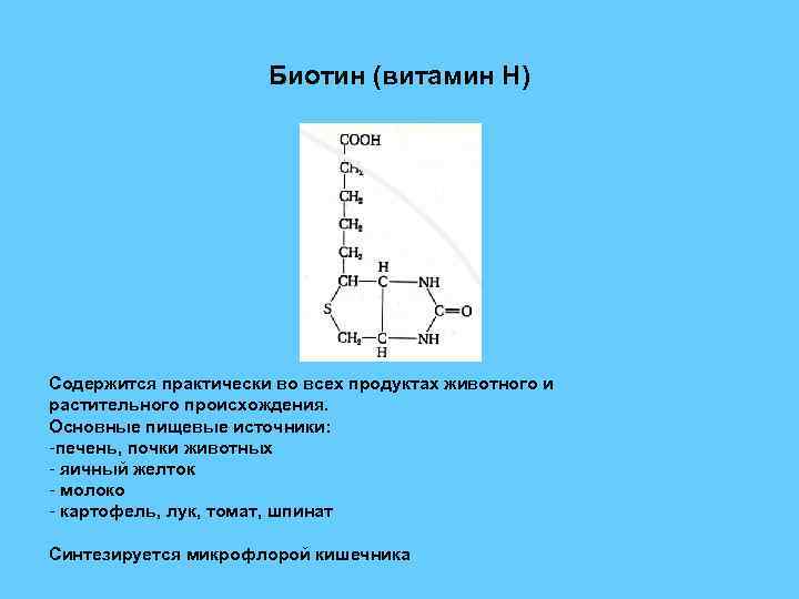 Биотин (витамин Н) Содержится практически во всех продуктах животного и растительного происхождения. Основные пищевые